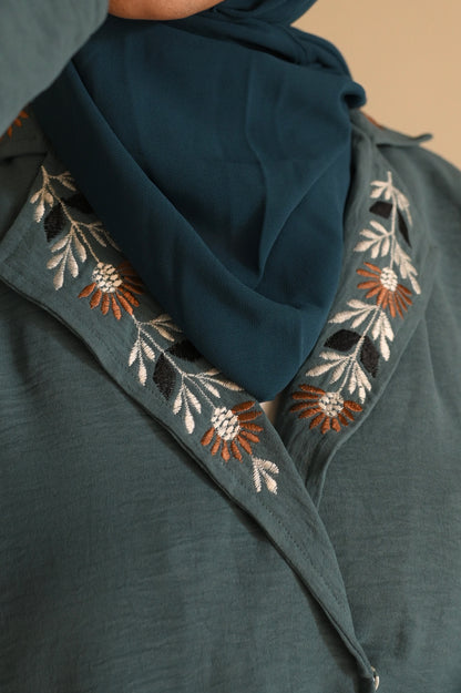 Whispering Petals-Floral Embroidered Half Jacket- Sea Green
