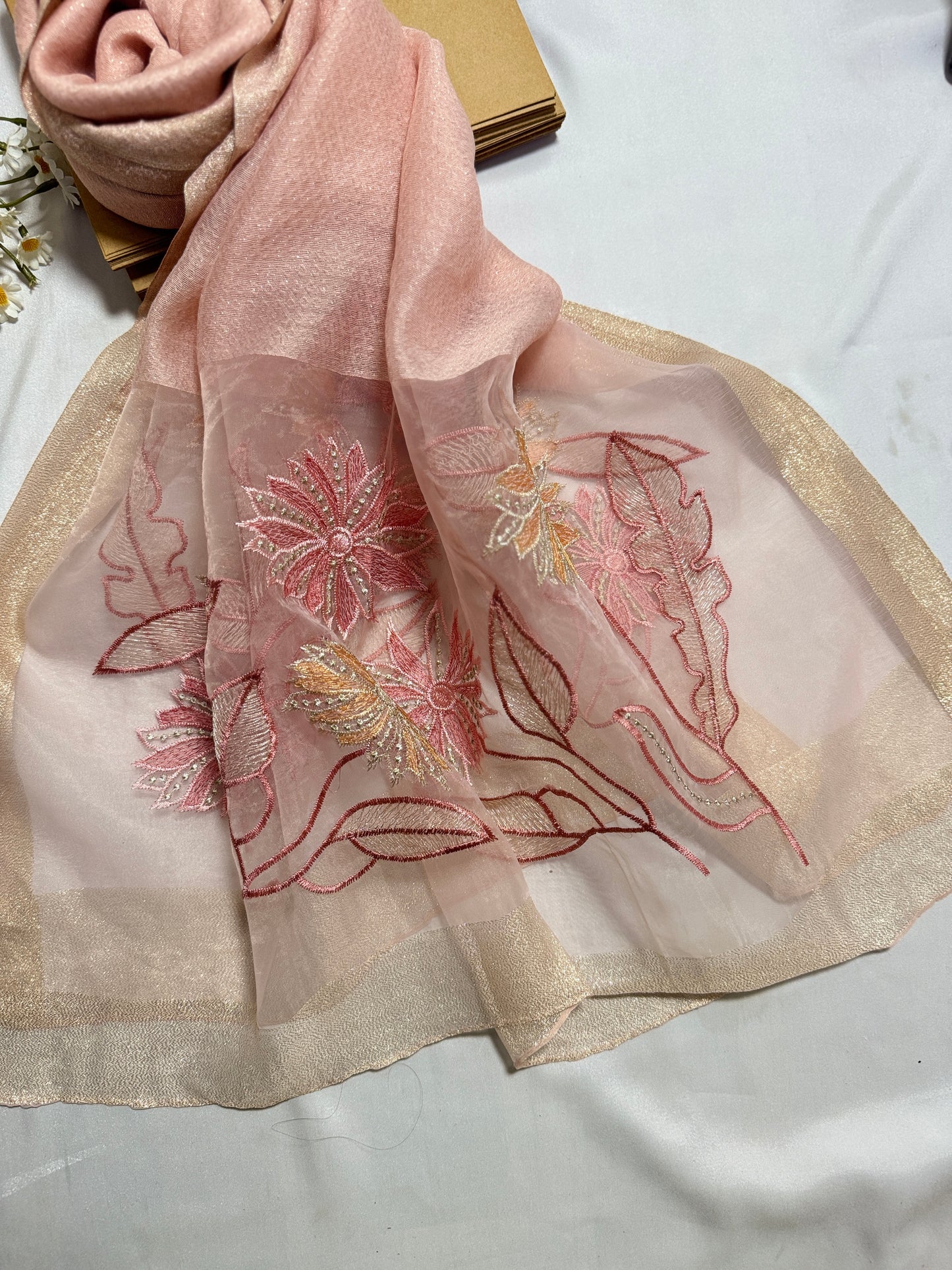 Daffodils Embroidered Organza- Luxury Hijabs- Baby Pink
