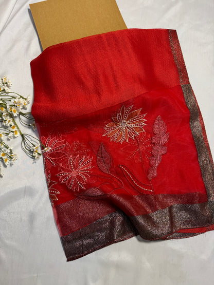 Daffodils Embroidered Organza- Luxury Hijabs- Red