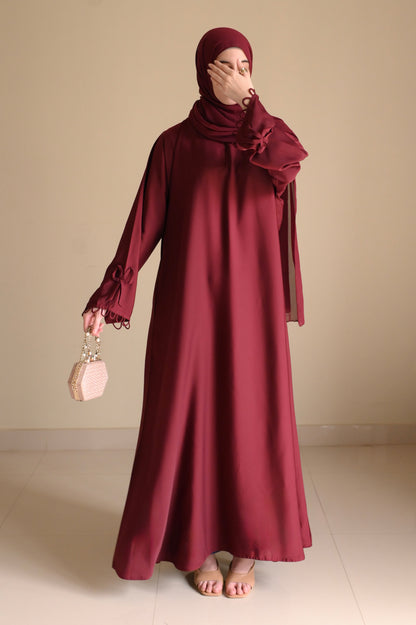 Elysian Bow Sleeve Nida Abaya- Deep Maroon