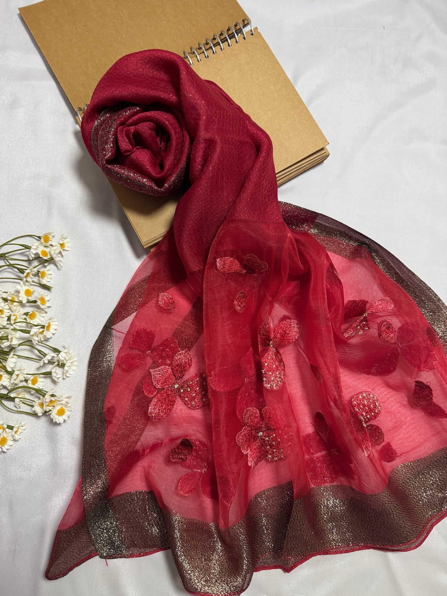 Poppy Flower Embroidered Organza- Luxury Hijabs- Maroon