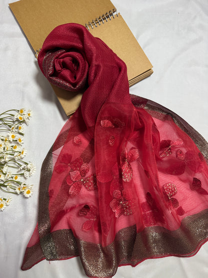 Poppy Flower Embroidered Organza- Luxury Hijabs- Maroon