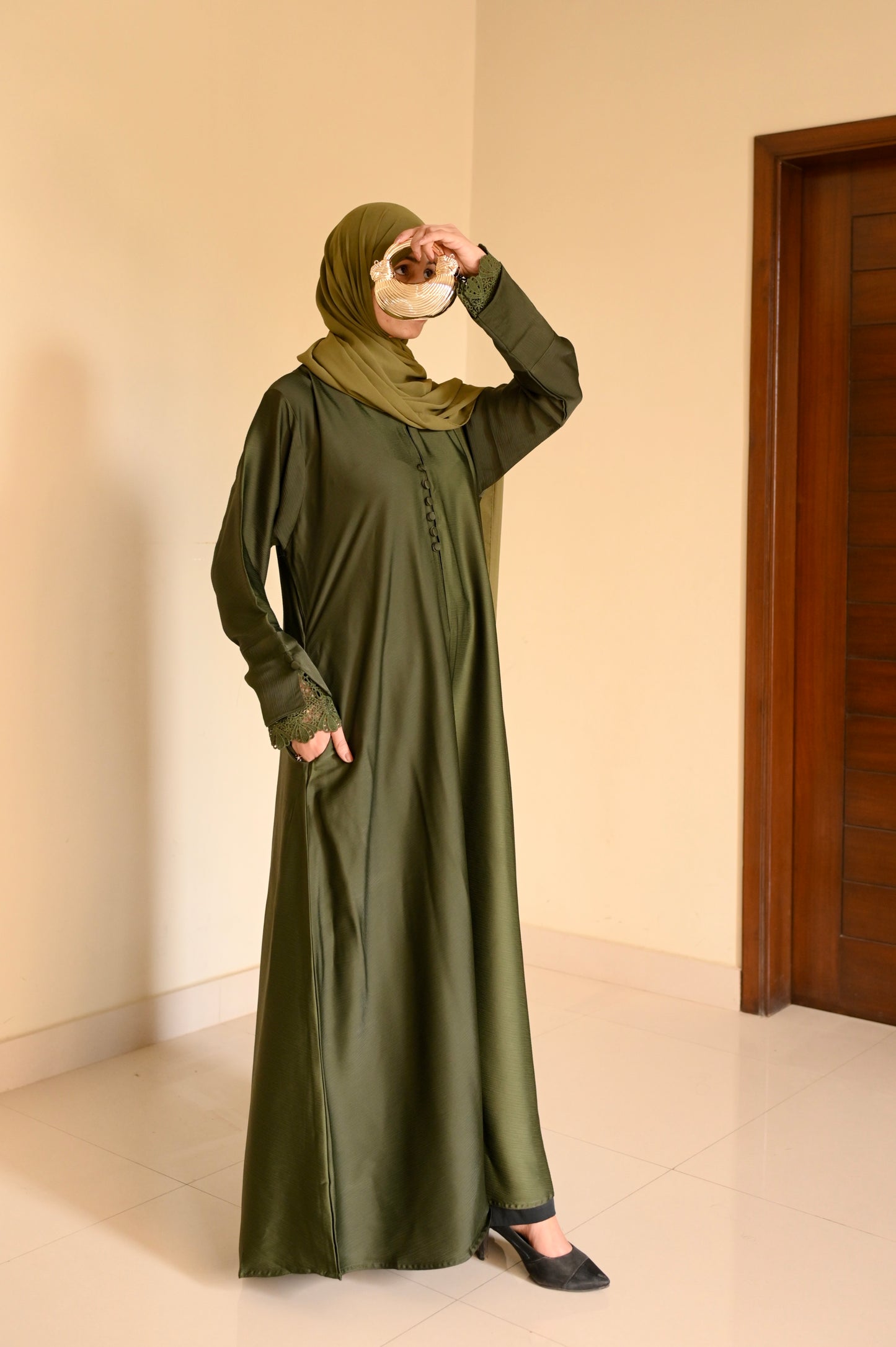 Luxe Olive Coat Abaya- Romantic Nida