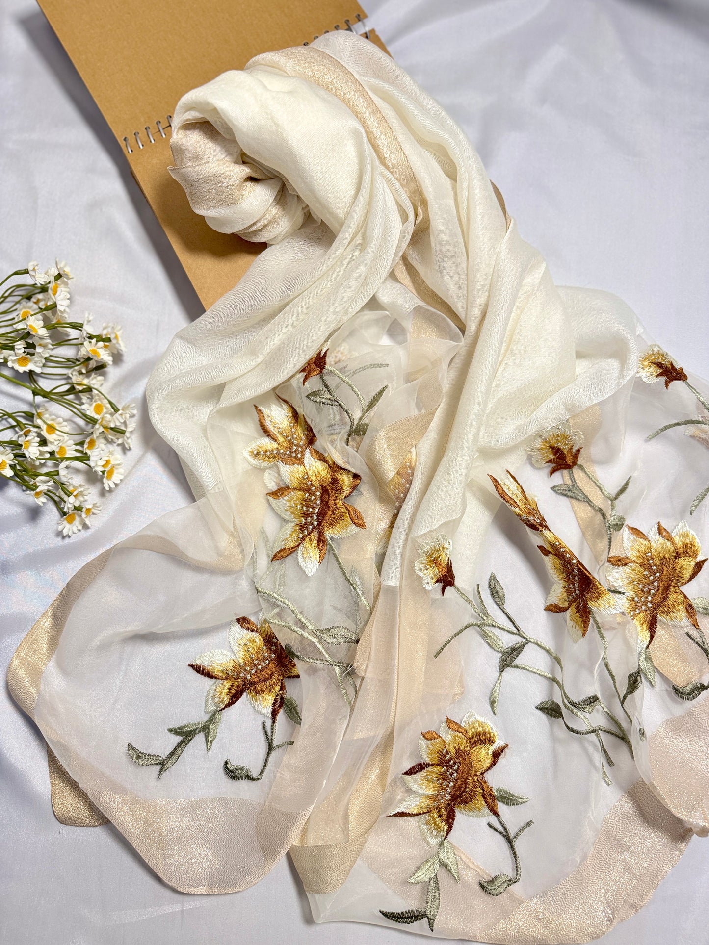 Lilies Embroidered Organza- Luxury Hijabs- White