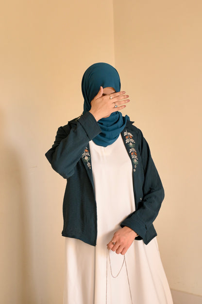 Whispering Petals-Floral Embroidered Half Jacket- Teal