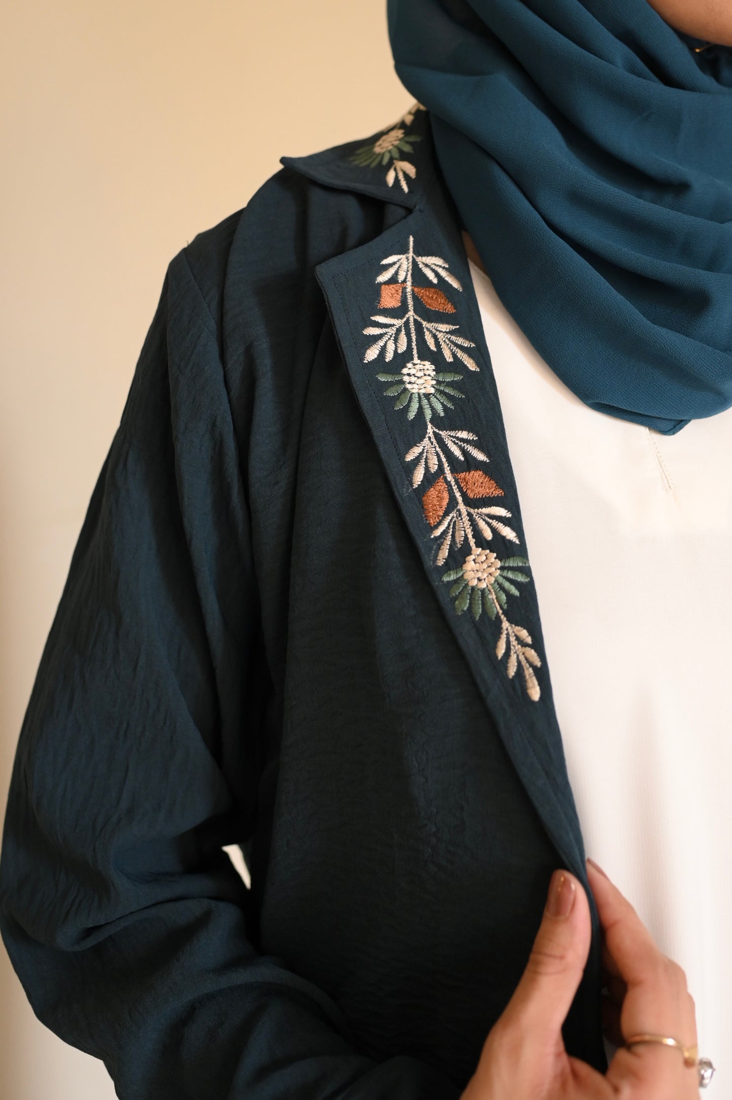 Whispering Petals-Floral Embroidered Half Jacket- Teal