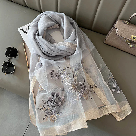Rose Embroidered Organza- Luxury Hijabs- Silver