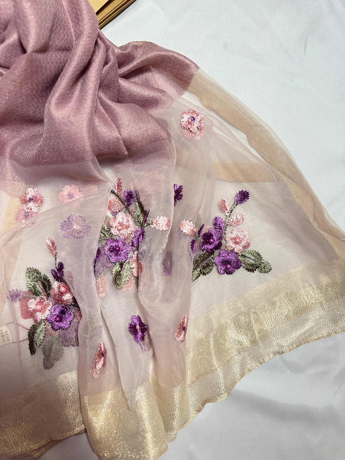 Pearl Floral Embroidered Organza- Luxury Hijabs- Lilac Muave