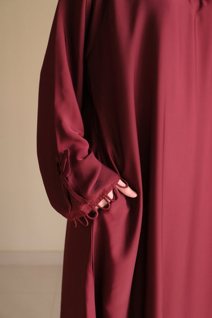 Elysian Bow Sleeve Nida Abaya- Deep Maroon