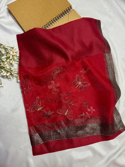 Butterfly Embroidered Organza- Luxury Hijabs- Maroon