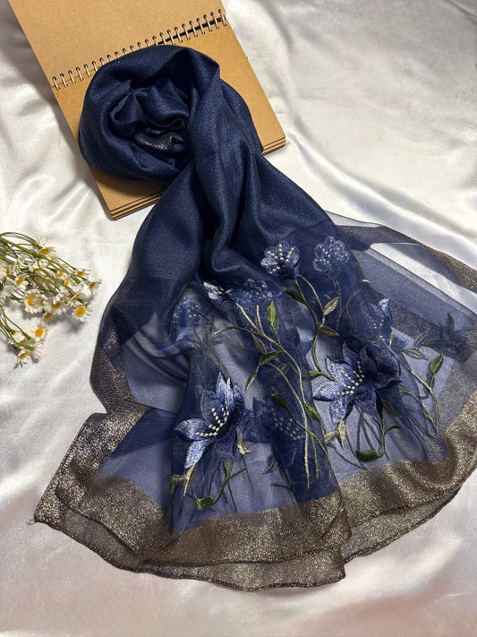 Lilies Embroidered Organza- Luxury Hijabs- Navy Blue