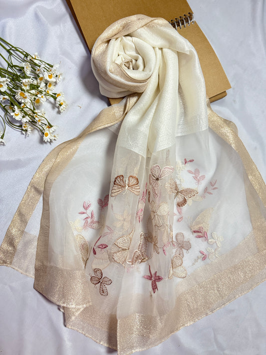 Butterfly Embroidered Organza- Luxury Hijabs- White