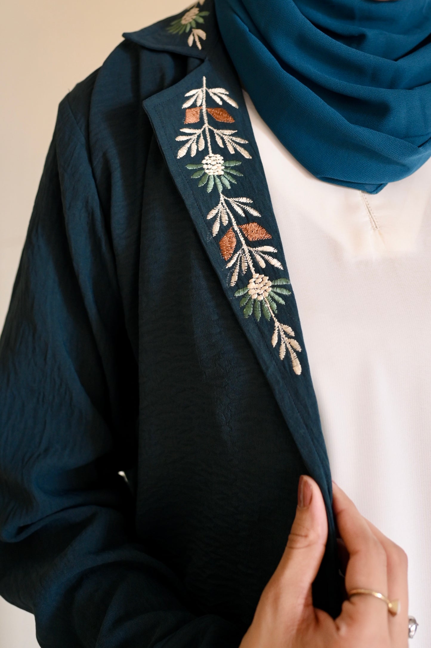 Whispering Petals-Floral Embroidered Half Jacket- Teal