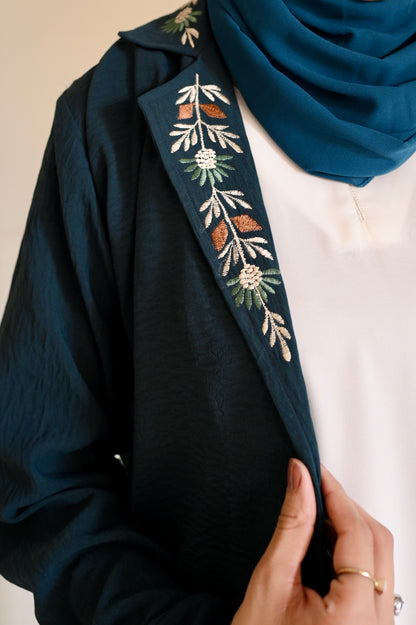 Whispering Petals-Floral Embroidered Half Jacket- Teal