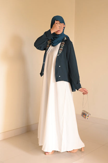 Whispering Petals-Floral Embroidered Half Jacket- Teal