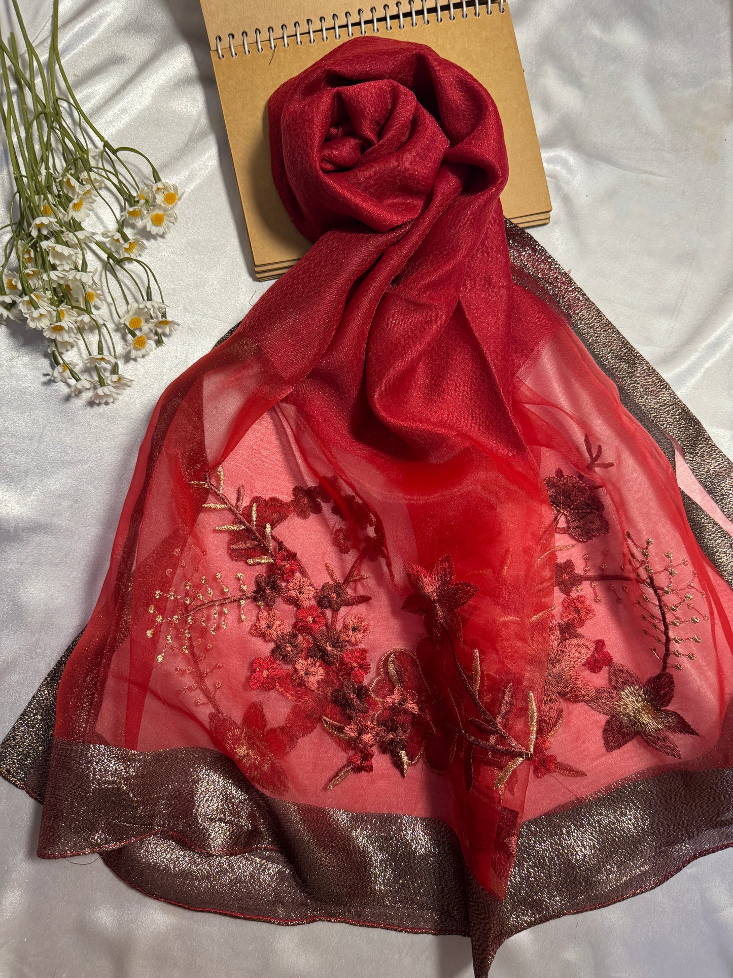 Rose Embroidered Organza- Luxury Hijabs- Maroon