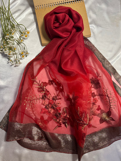 Rose Embroidered Organza- Luxury Hijabs- Maroon