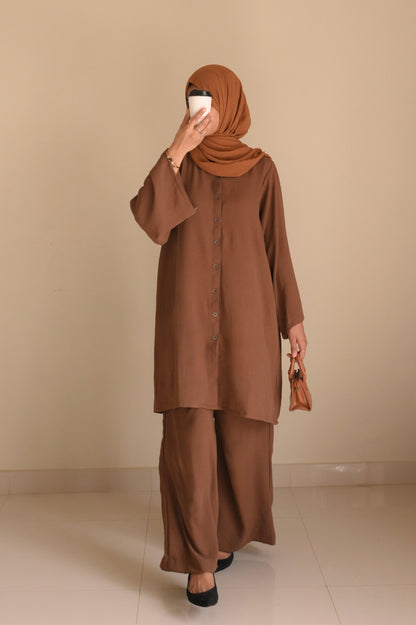 Button Down-Modest Coord Set- Coffee Brown