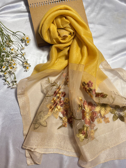 Rose Embroidered Organza- Luxury Hijabs- Mustard