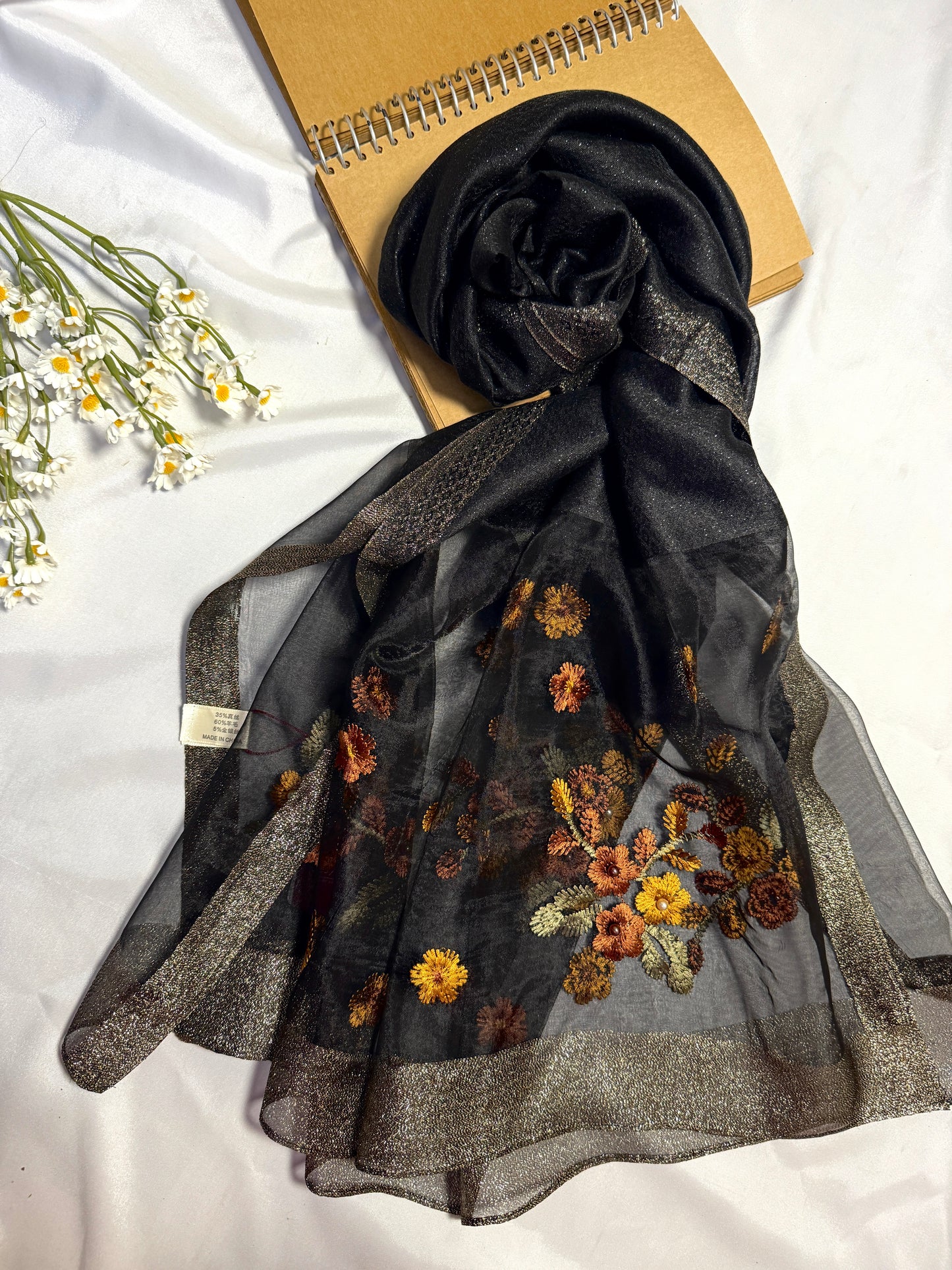 Pearl Floral Embroidered Organza- Luxury Hijabs- Black