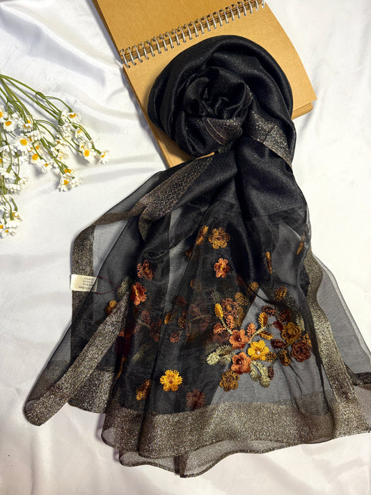 Pearl Floral Embroidered Organza- Luxury Hijabs- Black