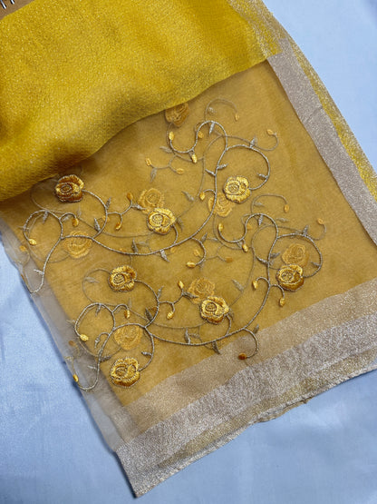 Peony Flowers Embroidered Organza- Luxury Hijabs- Mustard Yellow