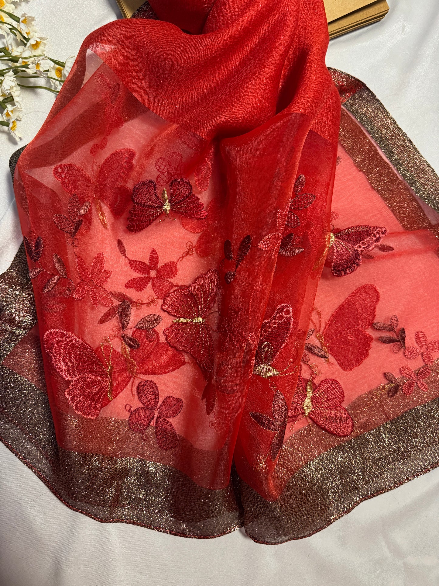 Butterfly Embroidered Organza- Luxury Hijabs- Red
