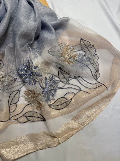 Daffodils Embroidered Organza- Luxury Hijabs- Silver