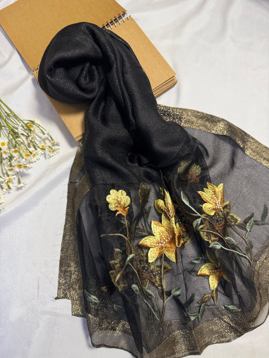 Lilies Embroidered Organza- Luxury Hijabs- Black