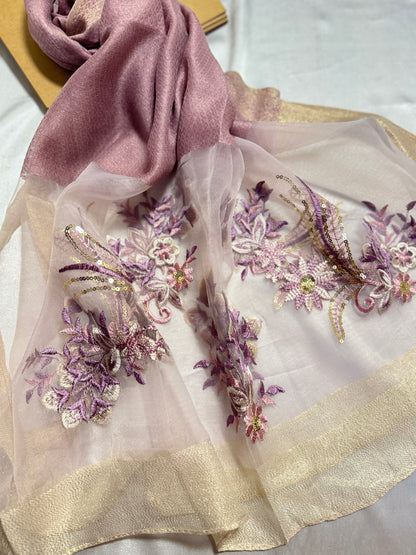 Sequins Floral Embroidered Organza- Luxury Hijabs- Muave