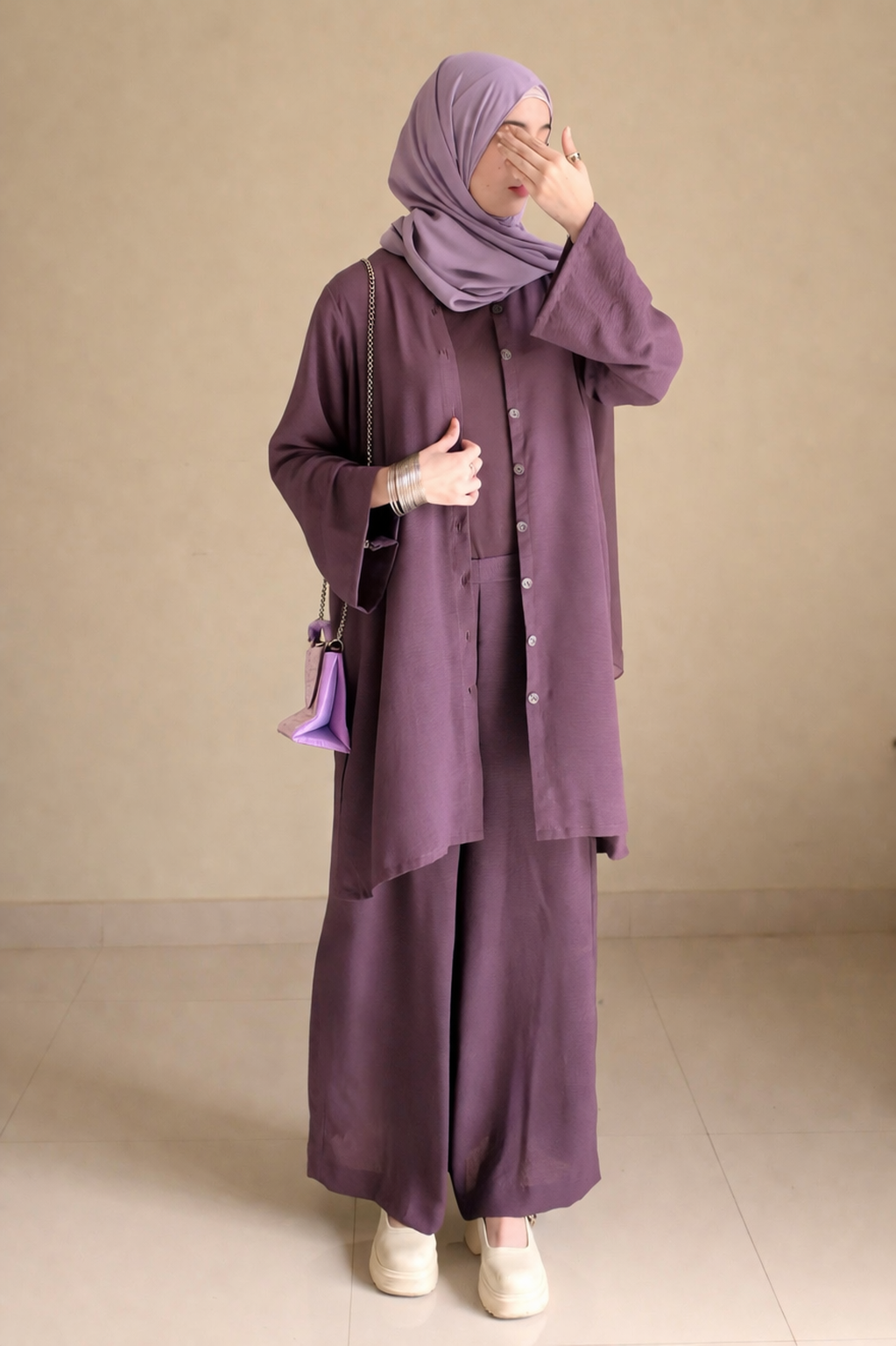 Button Down-Modest Coord Set- Muave Purple