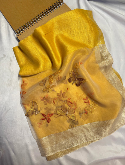 Butterfly Embroidered Organza- Luxury Hijabs- Mustard Yellow