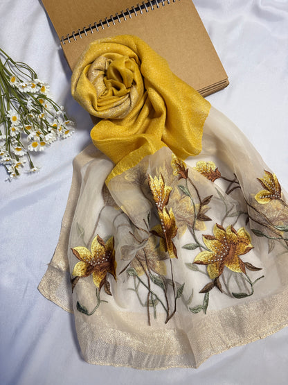 Lilies Embroidered Organza- Luxury Hijabs- Mustard Yellow