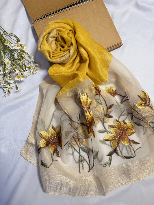 Lilies Embroidered Organza- Luxury Hijabs- Mustard Yellow