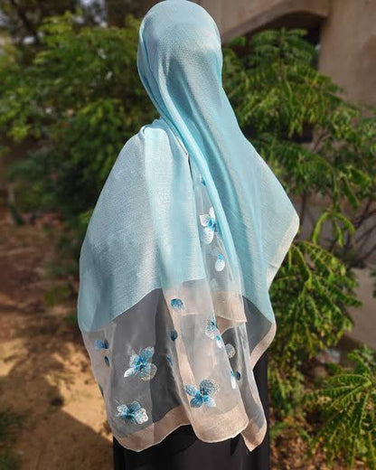 Poppy Flower Embroidered Organza- Luxury Hijabs- Ice Blue