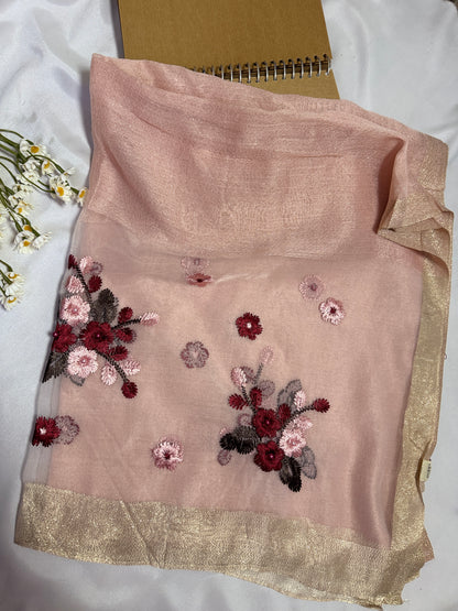 Pearl Floral Embroidered Organza- Luxury Hijabs- Baby Pink