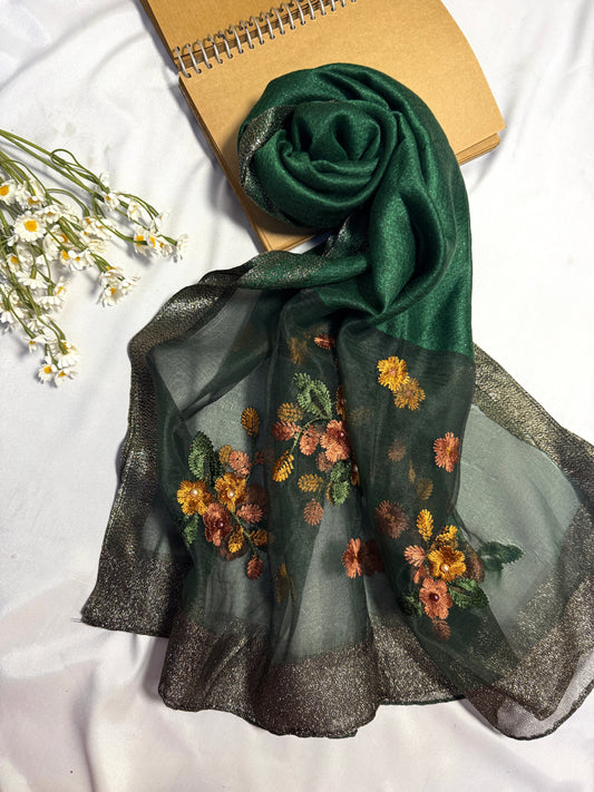 Pearl Floral Embroidered Organza- Luxury Hijabs- Dark Green