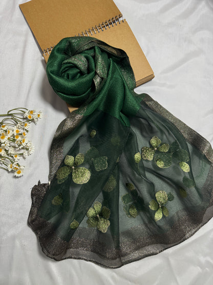 Poppy Flower Embroidered Organza- Luxury Hijabs- Dark Green