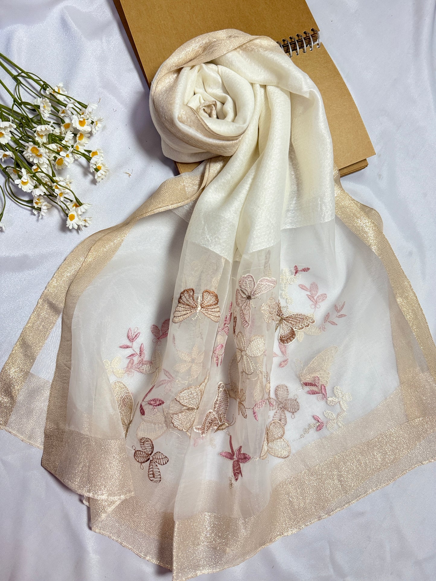 Butterfly Embroidered Organza- Luxury Hijabs- White