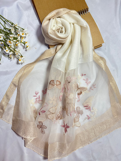 Butterfly Embroidered Organza- Luxury Hijabs- White