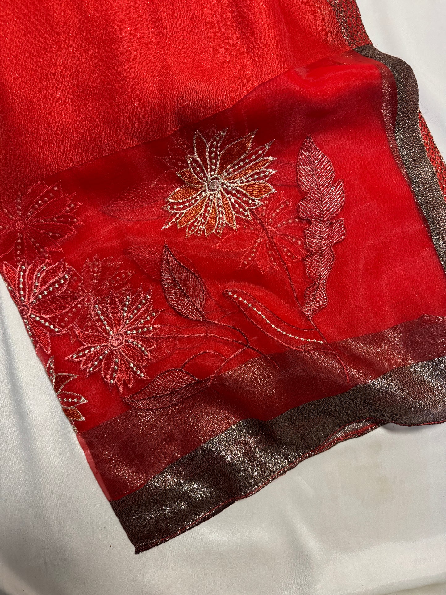 Daffodils Embroidered Organza- Luxury Hijabs- Red