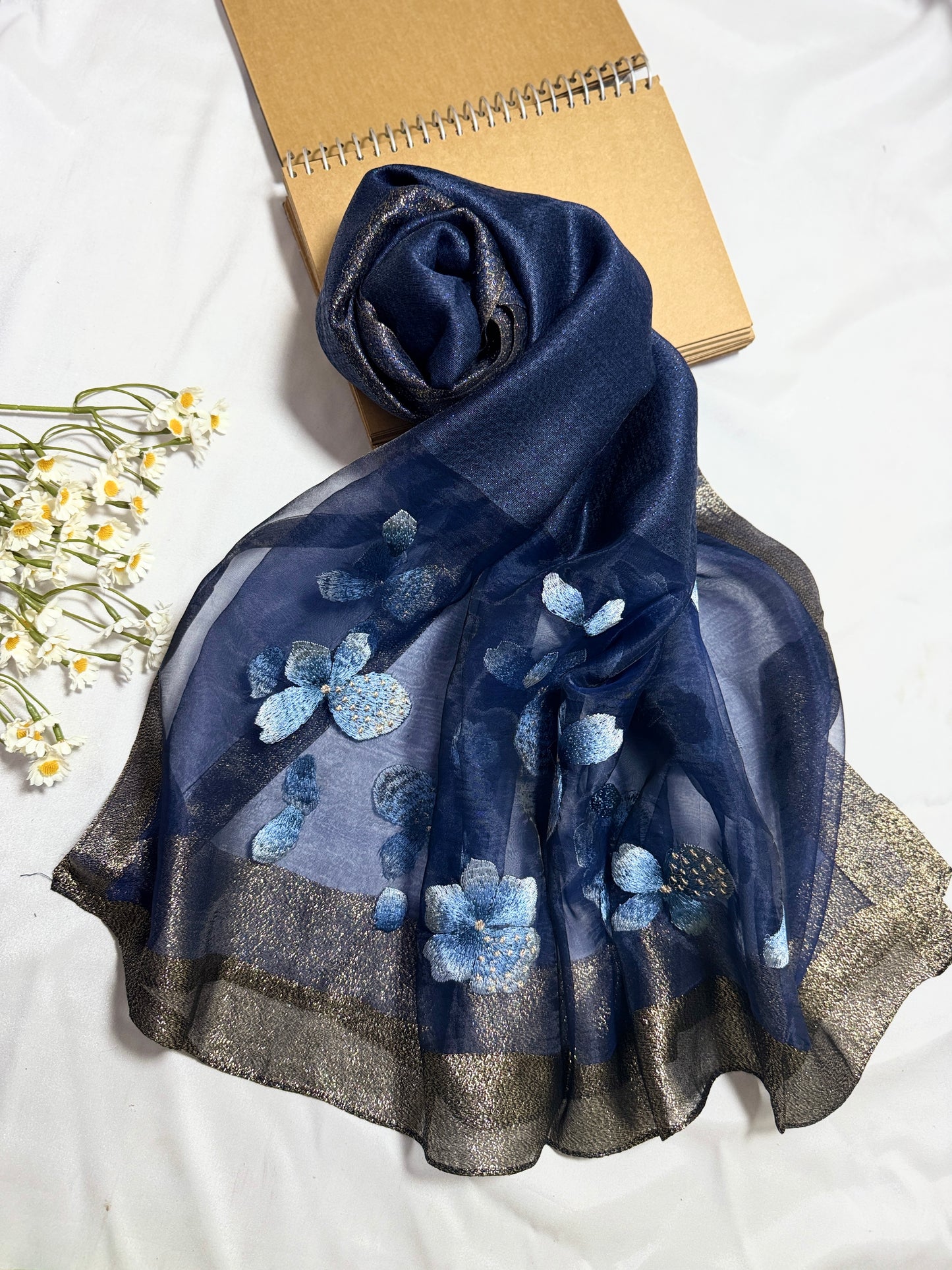 Poppy Flower Embroidered Organza- Luxury Hijabs- Navy Blue