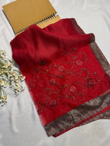 Peony Flowers Embroidered Organza- Luxury Hijabs- Red