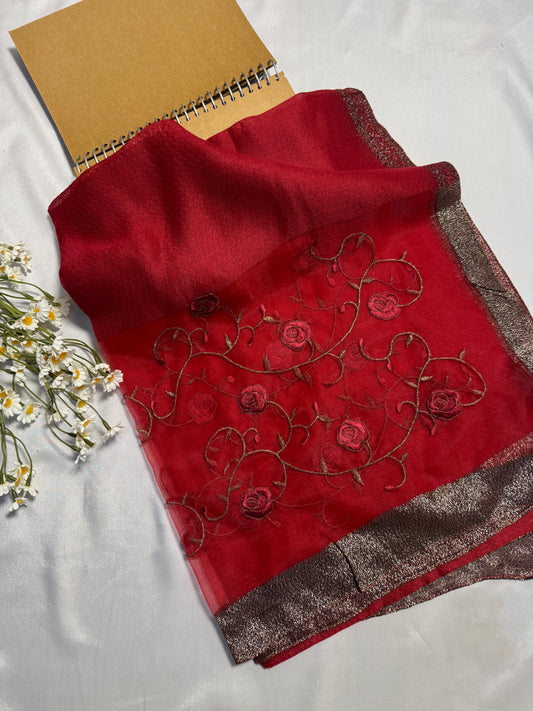 Peony Flowers Embroidered Organza- Luxury Hijabs- Red