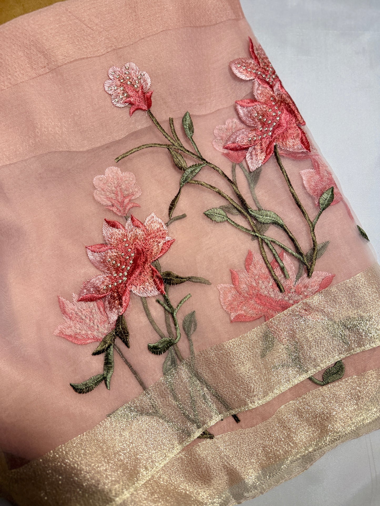 Lilies Embroidered Organza- Luxury Hijabs- Baby Pink