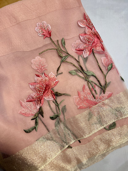 Lilies Embroidered Organza- Luxury Hijabs- Baby Pink