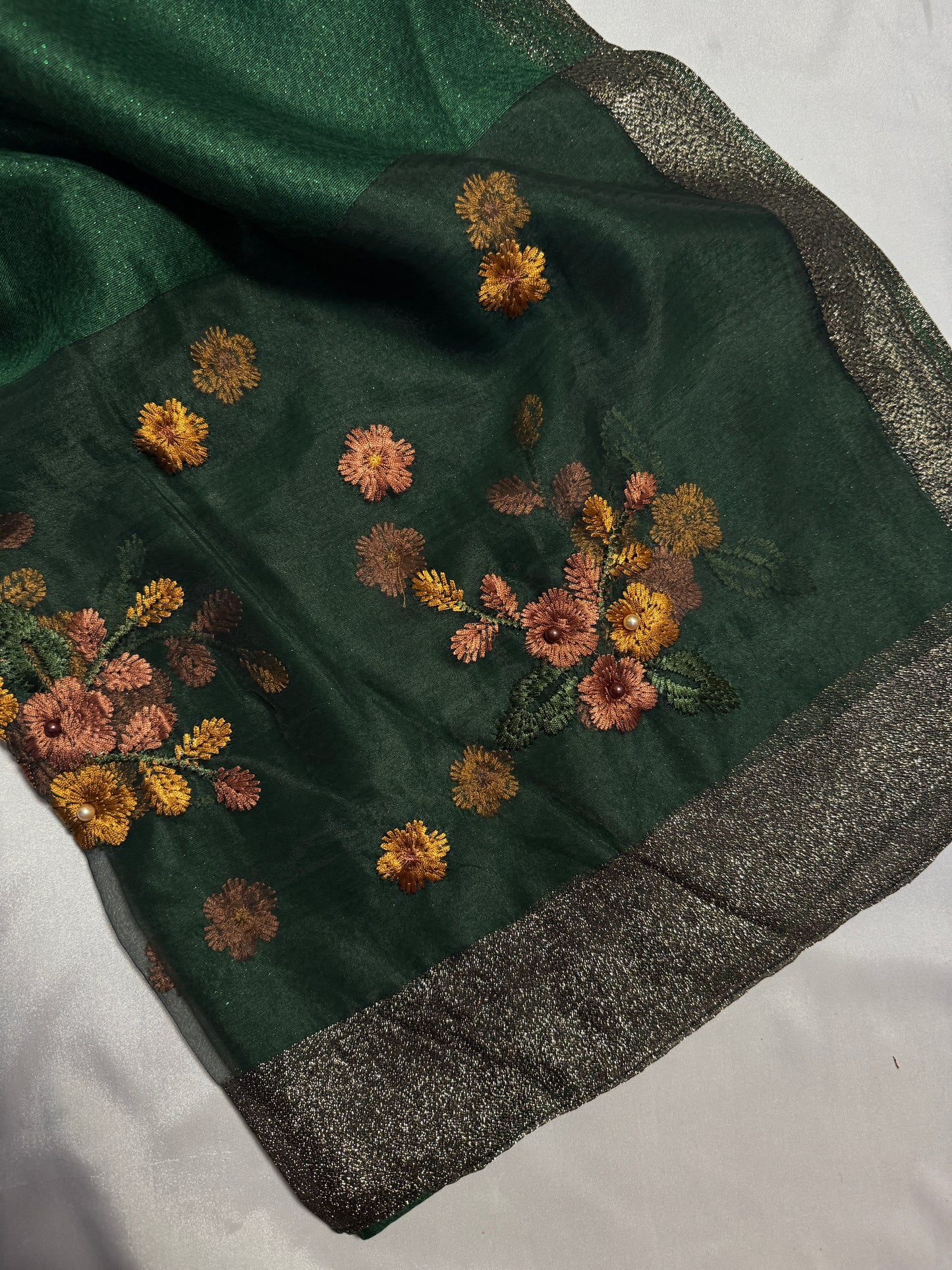 Pearl Floral Embroidered Organza- Luxury Hijabs- Dark Green