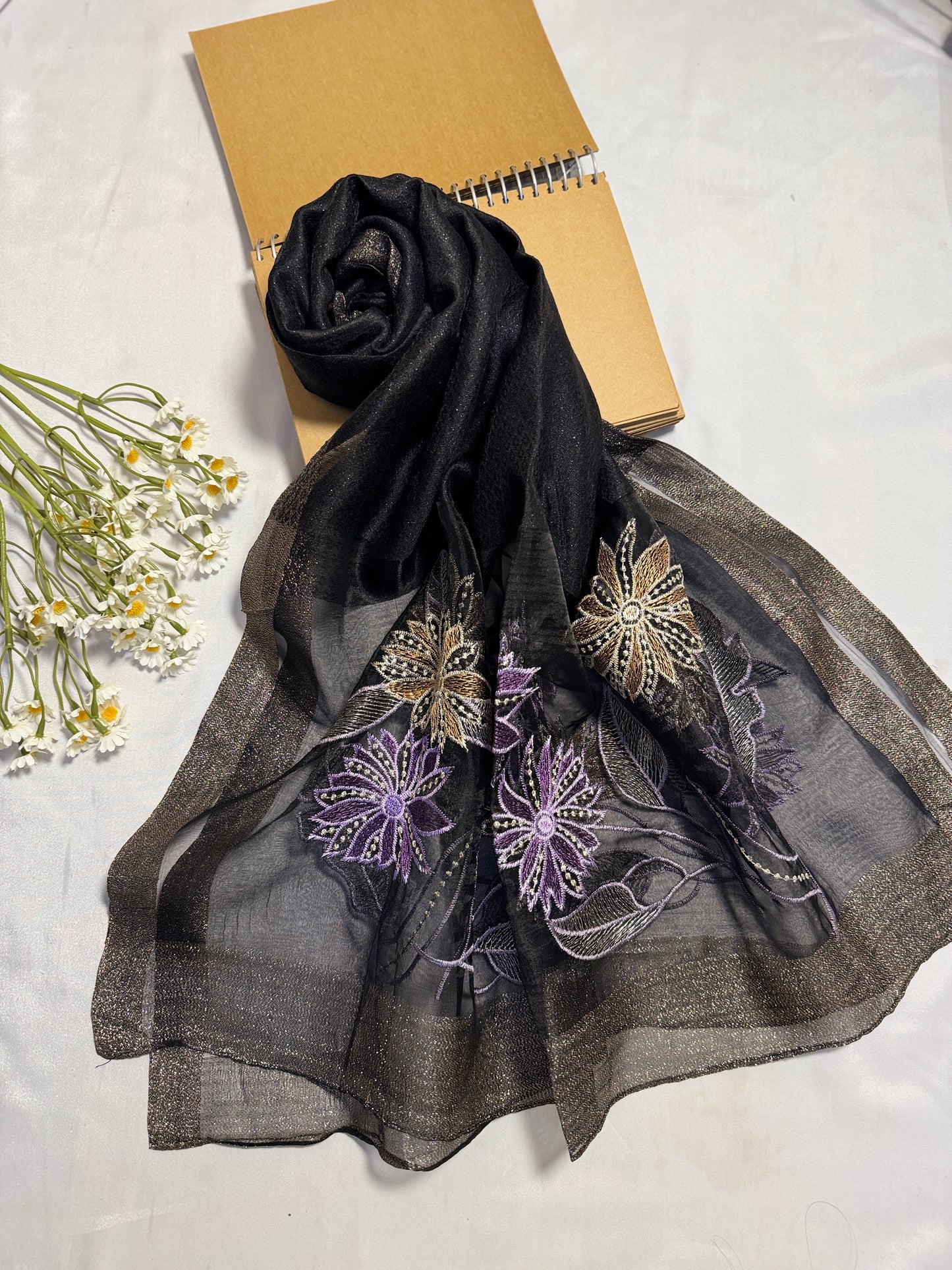 Daffodils Embroidered Organza- Luxury Hijabs- Black