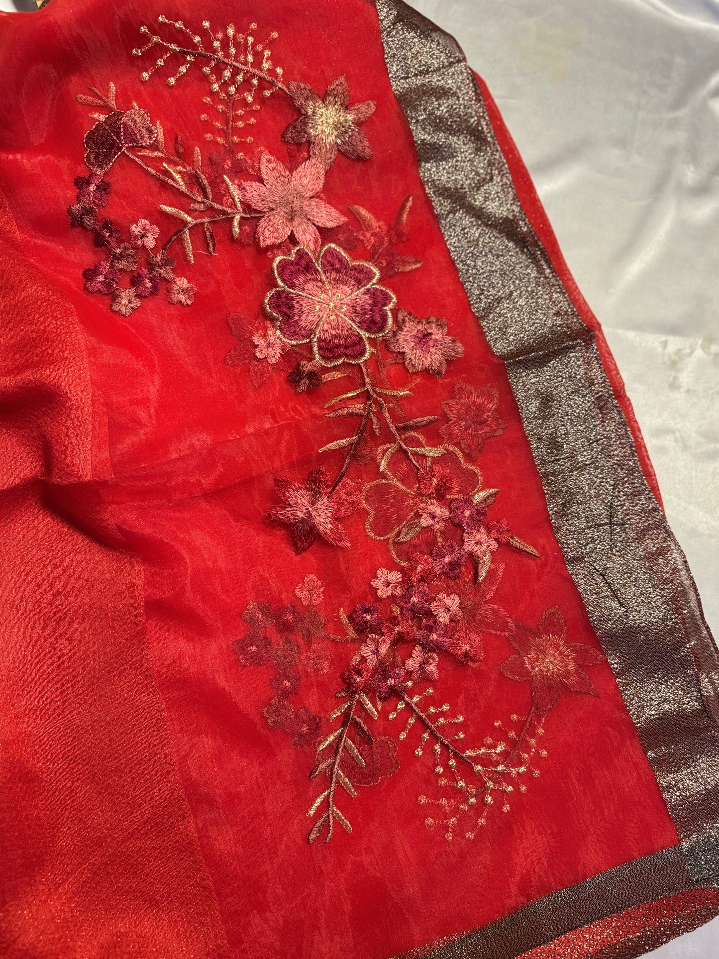 Rose Embroidered Organza- Luxury Hijabs- Red
