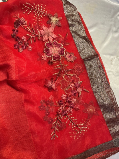 Rose Embroidered Organza- Luxury Hijabs- Red